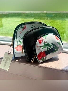 Ted Baker White Floral Cosmetic Bag Set with Black Trim